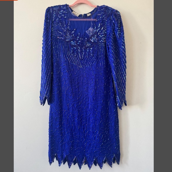 Vintage 1980s Blue Sequin Embellished Cocktail Dress Beaded Silk